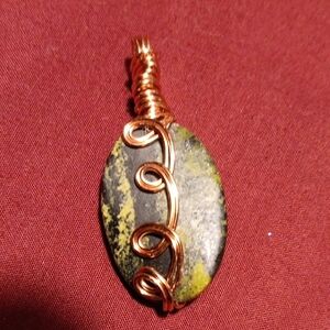 Artisan Copper Wire Wrapped Epidote Stone Necklace